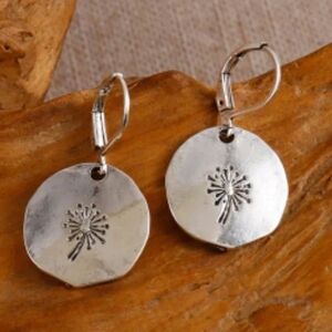 Silver Tone Circle Dangle Earrings Bohemian Dandelion Flower 3/4"